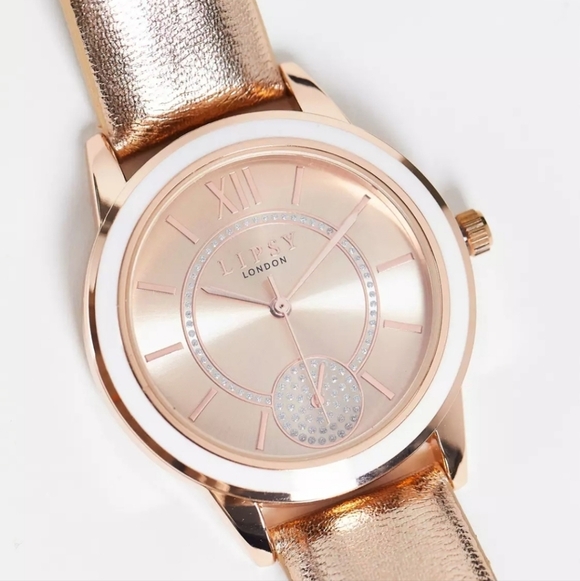LIPSY | Leather Strap Watch w/ Rhinestone Face Detail in Rose Gold - Picture 4 of 7